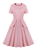 Vintage Kleid 1950er Jahre Peter Pan Kragen Pink Buttons Layered Short Sleeves Knielanges Swing Dress