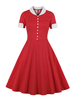 Vintage Kleid 1950er Jahre Red Polka Dot Layered Buttons Kurzarm Turndown Collar Patch Rockabilly Kleid
