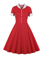 Vintage Kleid 1950er Jahre Red Polka Dot Layered Buttons Kurzarm Turndown Collar Patch Rockabilly Kleid