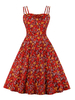 Vintage Kleid 1950er Jahre rote ärmellose Träger Hals Blumendruck Bögen Rockabilly Swing Dress