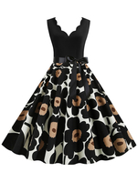 Vintage Kleid 1950er Jahre Schwarz Blumendruck Ärmelloses Rockabilly-Kleid mit V-Ausschnitt