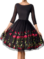Vintage Kleid 1950er Jahre schwarze Frau Ärmel Rose Flower Swing Kleid