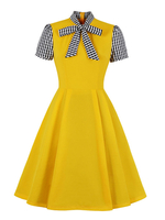 Vintage Kleid 1950er Jahre Stehkragen Schleifen geknotet kurze Ärmel Patch Stripes Swing Dress