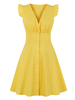 Vintage Kleid 1950er Jahre V-Ausschnitt Gelbe Knöpfe Kurzarm Knielanges Rockabilly-Kleid