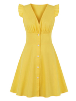 Vintage Kleid 1950er Jahre V-Ausschnitt Gelbe Knöpfe Kurzarm Knielanges Rockabilly-Kleid