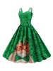 Vintage Kleid 1950er Jahre V-Ausschnitt Plissee Ärmellose Frau Knielanges bedrucktes Swing-Kleid
