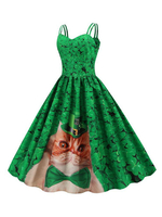 Vintage Kleid 1950er Jahre V-Ausschnitt Plissee Ärmellose Frau Knielanges bedrucktes Swing-Kleid