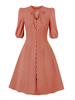 Vintage Kleid 1950er Koralle Damen Knöpfe halbe Ärmel Swing Kleid