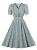 Vintage Kleid der 1950er Jahre hellhimmelblau bedruckt Damen Rockabilly Kleid mit kurzen Ärmeln