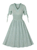 Vintage Kleid der 1950er Jahre mit V-Ausschnitt; kurzen Ärmeln; Damen-Rockabilly-Kleid mit Blumendruck