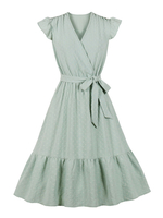 Vintage Kleid der 1950er Jahre Rot Frau mit kurzen Ärmeln V-Ausschnitt Swing-Kleid