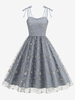 Vintage Kleid Grau 1950er Jahre Audrey Hepburn Stil Bestickt Ärmellos Träger Hals Mittel Swing Kleid