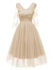 Vintage Kleider Aprikose mit Deko-Applikation 50er jahre mode Rockabilly kleid 3/4 Ärmel V-Ausschnitt Polyester im Retro-Style