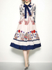 Vintage Kleider Aprikose mit Print 50er jahre mode Rockabilly kleid und Schleife 3/4 Ärmel Schmückender Kragen Polyester im eleganten Stil