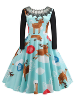 Vintage Kleider Babyblau Weihnachten-Motiv 50er jahre mode Cutouts Langarm mit Rundkragen Polyester im Retro-Style knielang