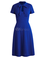Vintage Kleider Blau 50er jahre mode Cutouts Baumwolle Rockabilly kleid Kurzarm Kleider Schmückender Kragen mit Schleife Damenmode für Sommer