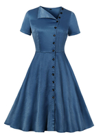 Vintage Kleider Blau mit Knöpfen 50er jahre mode Rockabilly kleid Kurzarm Halskragen Polyester im Retro-Style knielang