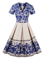 Vintage Kleider Blau mit Printmuster 50er jahre mode Rockabilly kleid und Falten Kurzarm V-Ausschnitt gemischten Baumwollen im Retro-Style