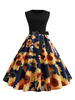 Vintage Kleider Blau mit Printmuster 50er jahre mode Rockabilly kleid und Schleife Kleider ärmellos und Rundkragen Polyester im altmodischen Stil