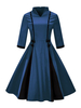 Vintage Kleider Blau mit Schleife 50er jahre mode Rockabilly kleid 1/2 Ärmel Kleider und Stehkragen Polyester im altmodischen Stil knielang