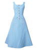 Vintage Kleider Blau mit Streifen 50er jahre mode Rockabilly kleid und Knöpfen ärmellos viereckiger Ausschnitt Polyester im femininen Style