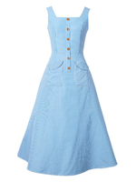 Vintage Kleider Blau mit Streifen 50er jahre mode Rockabilly kleid und Knöpfen ärmellos viereckiger Ausschnitt Polyester im femininen Style