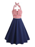 Vintage Kleider Blau mit Streifen 50er jahre mode Rockabilly kleid und Reißverschluss ärmellos und Halter gemischten Baumwollen im Retro-Style