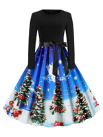 Vintage Kleider Blau Weihnachten-Motiv 50er jahre mode Rockabilly kleid Langarm Kleider mit Rundkragen Polyester im Retro-Style