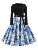 Vintage Kleider Blau Weihnachten-Motiv 50er jahre mode Rockabilly kleid Langarm Kleider mit Rundkragen Polyester im Retro-Style
