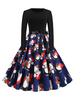 Vintage Kleider Blau Weihnachten-Motiv 50er jahre mode Rockabilly kleid Langarm Kleider mit Rundkragen Polyester im Retro-Style Damenmode für Herbst