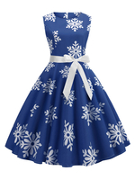 Vintage Kleider Blau Weihnachten-Motiv 50er jahre mode Rockabilly kleid mit Schleife ärmellos und Rundkragen Polyester im Retro-Style