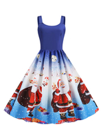 Vintage Kleider Blau Weihnachten-Motiv 50er jahre mode Rockabilly kleid ärmellos Kleider U-Ausschnitt Polyester im Retro-Style Damenmode