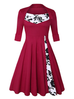 Vintage Kleider Burgunderrot 50er jahre mode Baumwolle 1/2 Ärmel Rockabilly kleid mit Rundkragen Kleider für Frühling Damenmode