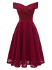Vintage Kleider Burgunderrot 50er jahre mode mit Falten Spitze Rockabilly kleid Kurzarm Kleider und Carmenausschnitt für Sommer Damenmode