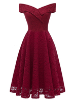 Vintage Kleider Burgunderrot 50er jahre mode mit Falten Spitze Rockabilly kleid Kurzarm Kleider und Carmenausschnitt für Sommer Damenmode