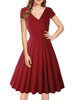 Vintage Kleider Burgunderrot Kurzarm 50er jahre mode Rockabilly kleid V-Ausschnitt Kleider Baumwolle im Retro-Style und Sommer Damenmode