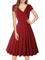 Vintage Kleider Burgunderrot Kurzarm 50er jahre mode Rockabilly kleid V-Ausschnitt Kleider Baumwolle im Retro-Style und Sommer Damenmode