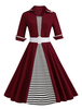 Vintage Kleider Burgunderrot mit Streifen 50er jahre mode Rockabilly kleid und Gürtel 1/2 Ärmel und Bateau-Kragen gemischten Baumwollen