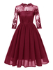 Vintage Kleider Burgunderrot 50er jahre mode mit Stickereien Chiffon Rockabilly kleid 3/4 Ärmel Kleider und Rundhalsausschnitt