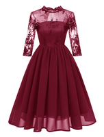 Vintage Kleider Burgunderrot 50er jahre mode mit Stickereien Chiffon Rockabilly kleid 3/4 Ärmel Kleider und Rundhalsausschnitt