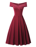 Vintage Kleider Burgunderrot Kurzarm 50er jahre mode Rockabilly kleid mit Carmenausschnitt Polyester-Baumwolle im schicken & modischen Style