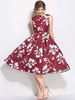 Vintage Kleider Burgunderrot mit Printmuster 50er jahre mode und Gürtel ärmellos und Rundkragen Polyester im glamourösen & pathetischen Style