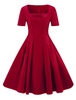 Vintage Kleider Burgunderrot mit Schleife 50er jahre mode Rockabilly kleid Kurzarm viereckiger Ausschnitt gemischten Baumwollen im Retro-Style