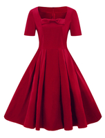 Vintage Kleider Burgunderrot mit Schleife 50er jahre mode Rockabilly kleid Kurzarm viereckiger Ausschnitt gemischten Baumwollen im Retro-Style
