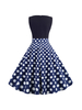 Vintage Kleider Dunkelblau mit Polka-Tupfen 50er jahre mode Rockabilly kleid ärmellos V-Ausschnitt Polyester-Baumwolle im altmodischen Stil