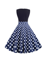 Vintage Kleider Dunkelblau mit Polka-Tupfen 50er jahre mode Rockabilly kleid ärmellos V-Ausschnitt Polyester-Baumwolle im altmodischen Stil