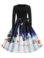 Vintage Kleider Dunkelblau Weihnachten-Motiv 50er jahre mode Rockabilly kleid Langarm Kleider Polyester im Retro-Style und Winter und Herbst