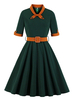 Vintage Kleider Dunkelgrün 50er jahre mode geknotet Polyester Rockabilly kleid 1/2 Ärmel Kleider Schmückender Kragen
