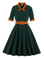 Vintage Kleider Dunkelgrün 50er jahre mode geknotet Polyester Rockabilly kleid 1/2 Ärmel Kleider Schmückender Kragen