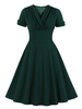 Vintage Kleider Dunkelgrün 50er jahre mode Polyester Kurzarm Rockabilly kleid V-Ausschnitt Kleider Damenmode